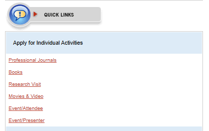 Figure 1: Screenshot of the quick link screen to add individual CPD activities